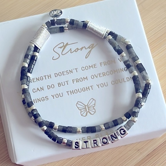 Brand New Set of Silver Plated Beaded Stretch Bracelets Butterfly Charm “Strong” - Picture 1 of 14